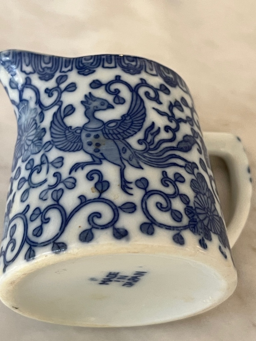 Blue and White Porcelain Pitcher with Bird  of Paradise Japanese